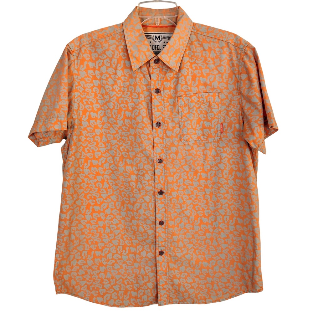 Most Ofcl Seven Mens Orange Gray Leopard‎ Print Short Sleeve Button Down Shirt M